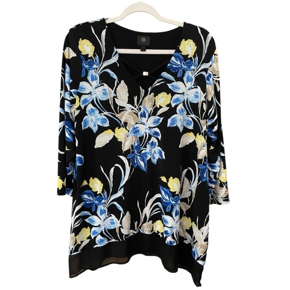 1X JM Collection Floral Black and Blue Women's Top - Picture 1 of 11